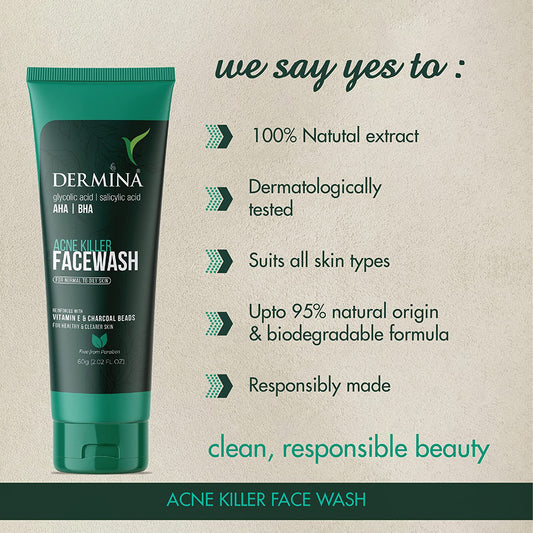Dermina Acne Killer Facewash with Glycolic Acid, , Vitamin Pack of - 2