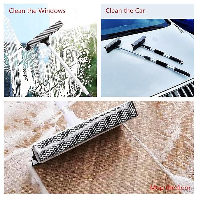 Car Window Cleaning Mop 2 in 1 (Glass Cleaning Brush Dual Side Blade Rubber and Sponge Auto Window Cleaning Tool with Extendable Handle)