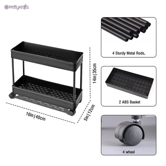 2 Tier Multipurpose Plastic Storage Organizer Slim Rack Shelf with Wheels