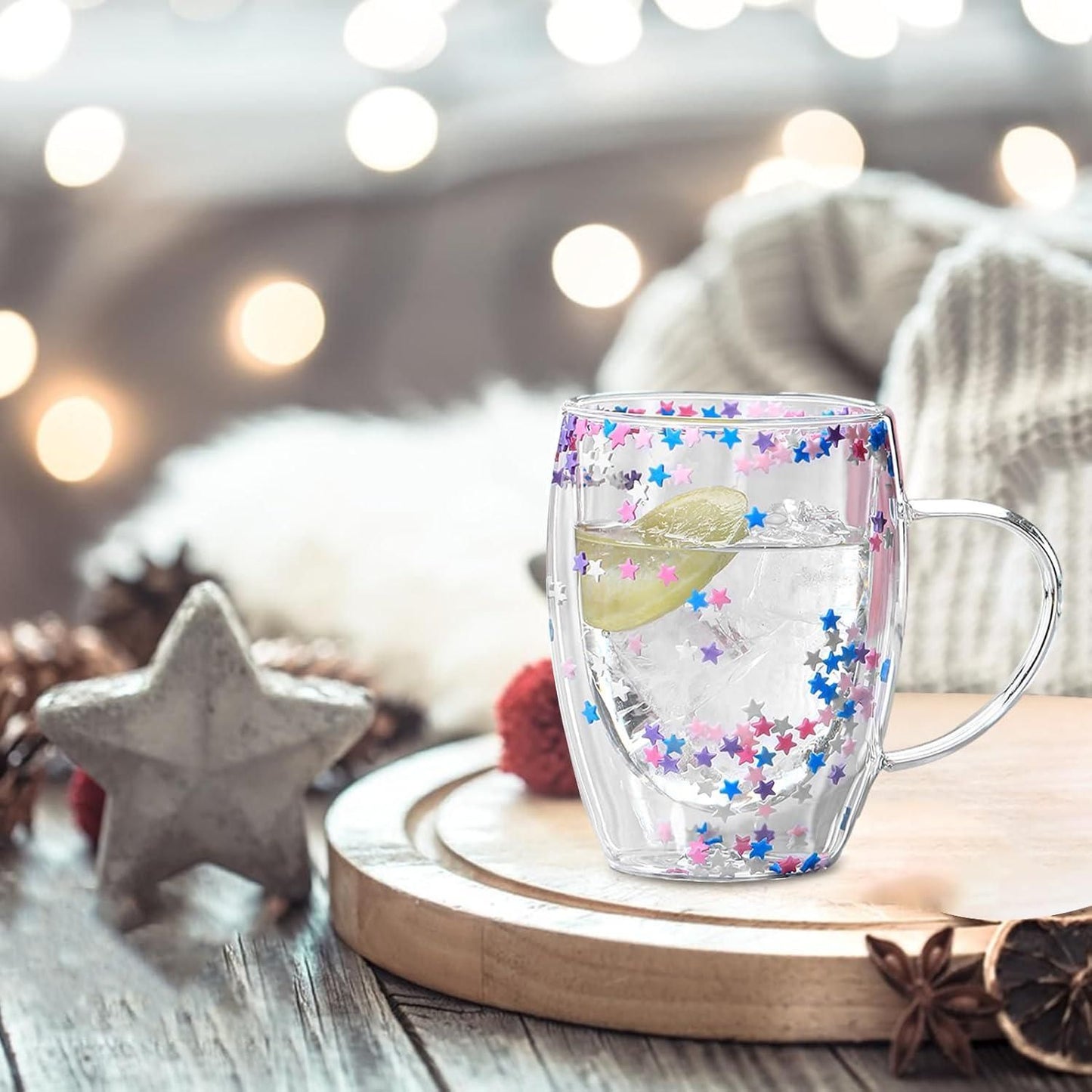 350ml Double Walled Star Coffee Mug, Insulated Floral Glass Mug