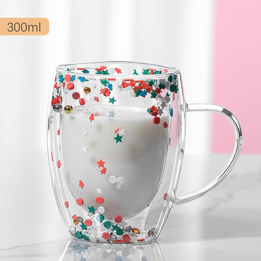 350ml Double Walled Star Coffee Mug, Insulated Floral Glass Mug