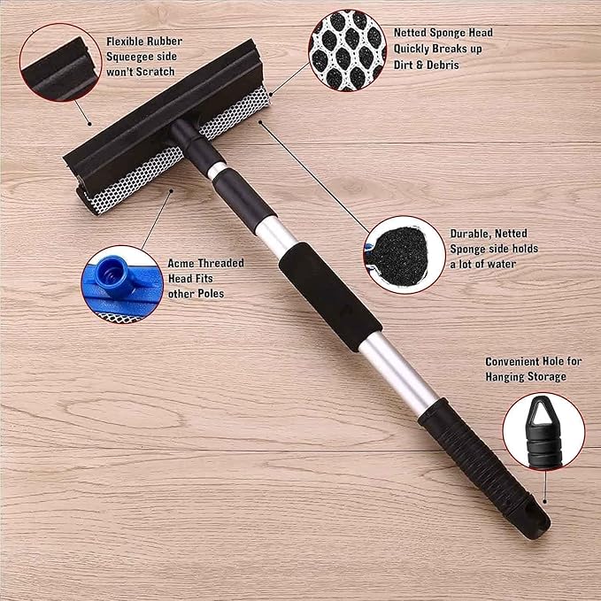 Car Window Cleaning Mop 2 in 1  (Glass Cleaning Brush Dual Side Blade Rubber and Sponge Auto Window Cleaning Tool with Extendable Handle)