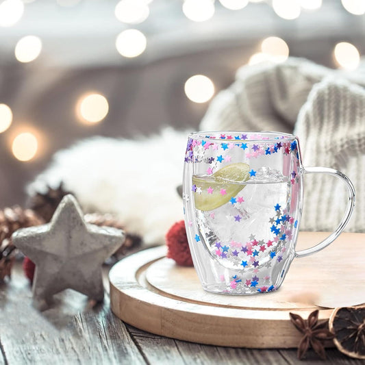 350ml Double Walled Star Coffee Mug, Insulated Floral Glass Mug