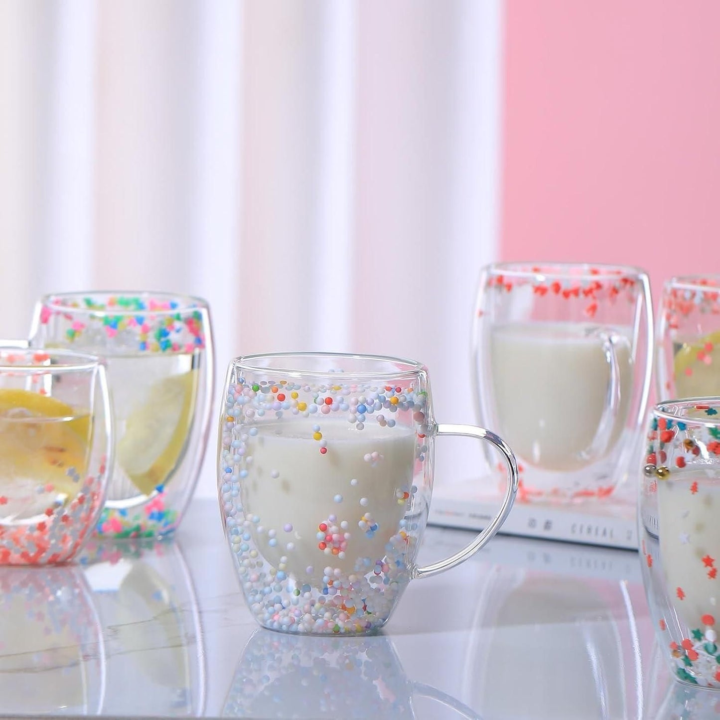 350ml Double Walled Star Coffee Mug, Insulated Floral Glass Mug